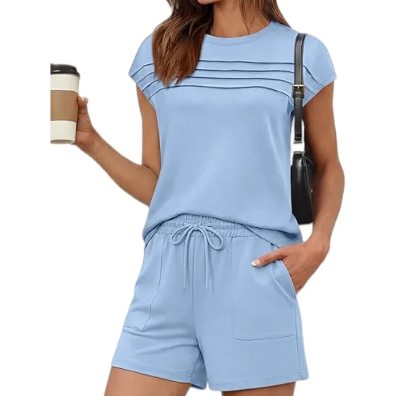 

Casual Loose T Shirt Dress with Elastic Waistband 2026 Summer Women's Lounge Short Pants Set Relaxed Fit Homewear Comfy Fabric