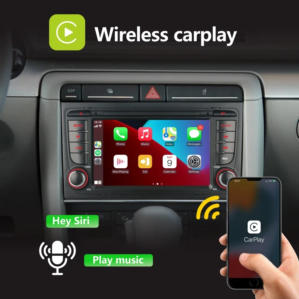 Autoradio con Wireless Carplay Android Auto per Audi A4 S4 RS4 2002-2008 con 7 "IPS Touch Screen DAB + AHD telecamera per retrovisione