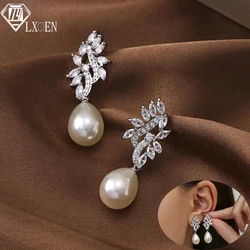 LXOEN Luxury Long Pearl with Cubic Zirconia Dangle Earring Party Wedding Drop Earrings for Women Bridal Engagement Jewelry