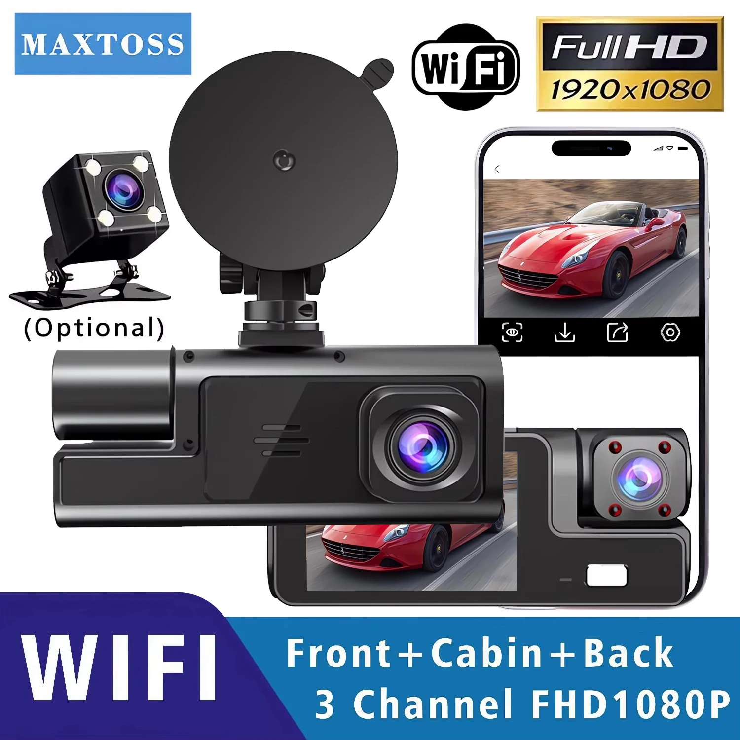 Caméra embarquée pour voitures, 3 canaux, WIFI, DVR 1080P, pour l'avant et l'intérieur de la voiture, boîte noire, surveillance de stationnement 24h/24, accessoires auto