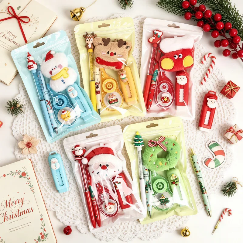 *_*Christmas Stationery Gift Set Christmas Goodie Bag Fillers Include Pen Eraser Correction Plush Pendant Student Christmas Gift