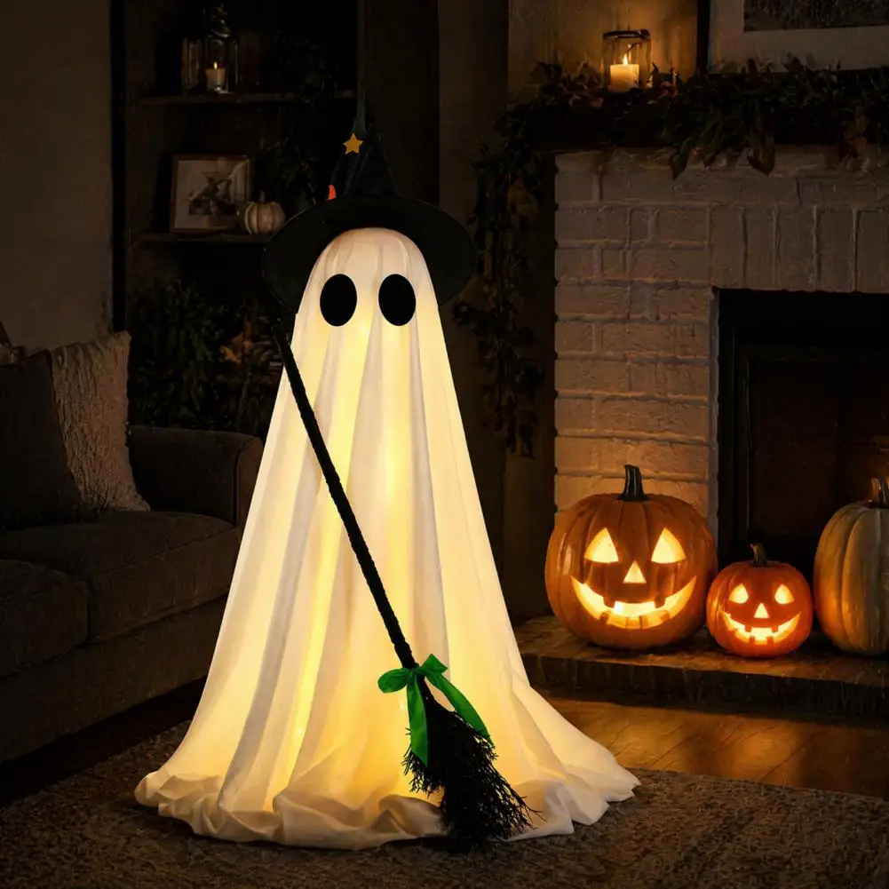Ghost Decoration Halloween Light-up Ghost Decoration with Led Light Spooky Witch Hat Ornament Broom Ghost Decor for Outdoor Lawn
