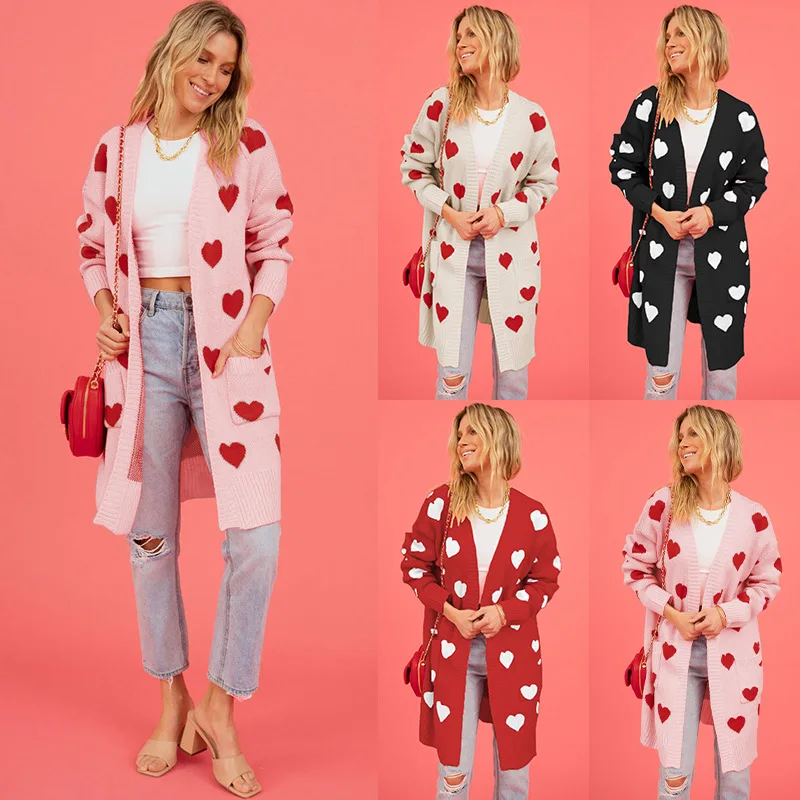 

2024New Valentine's Day Heart Knitted Cardigan Love PocketVCollar Mid-Length Coat Female