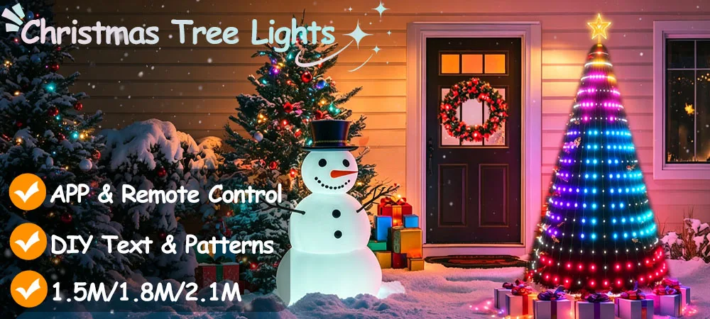 Smart Christmas Tree Lights, DIY Color Changing Waterfall Xmas Tree Lights with Ring & Top-Star, RGB-IC Dynamic String Light