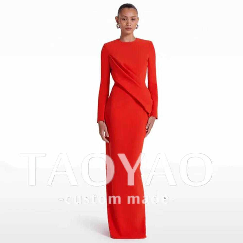Red Mermaid Party Dresses Long Sleeves Pleat Bespoke Occasion Gown Sheath O-Neck Long Dresses Elegant Luxury Evening Dress