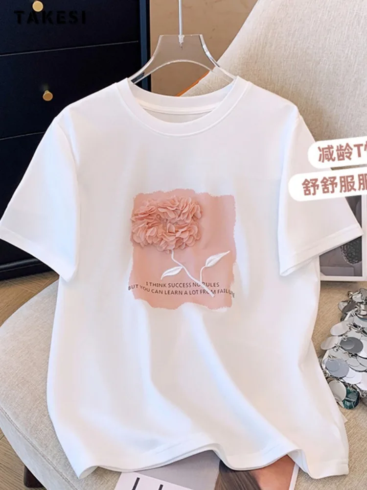 2024 Summer Casual Floral Print Short Sleeve Round Neck Loose T-Shirts Women's Korean Fashion Basics Baggy White Tees Tops