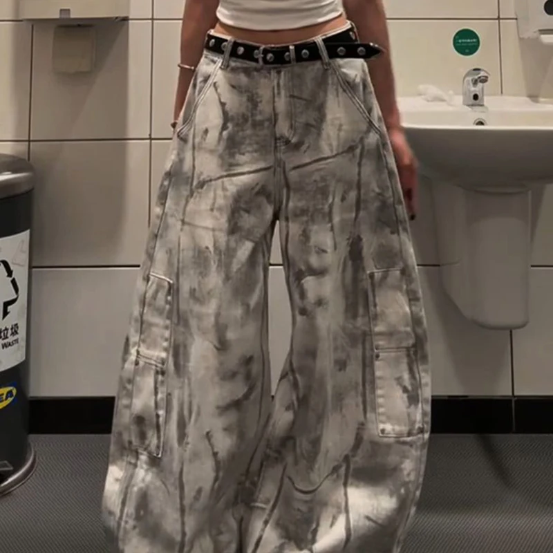 Women Tie Dye Gothic Jeans American Vintage Street Casual Denim Pants High Waist Loose Lazy Wasteland Irregular Wide Leg Pants
