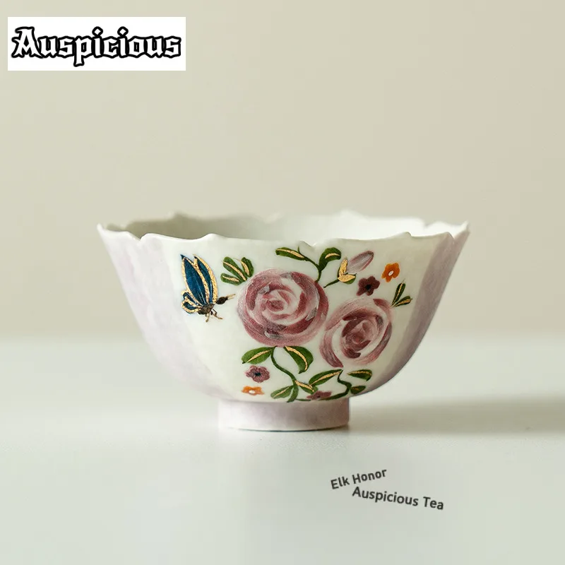 

45ml Pure Hand-painted Butterfly Rose Petal Teacup Tea Bowl Sample Tea Cup Tea-tasting Smelling Cup Chazhan Master Cups Cafes