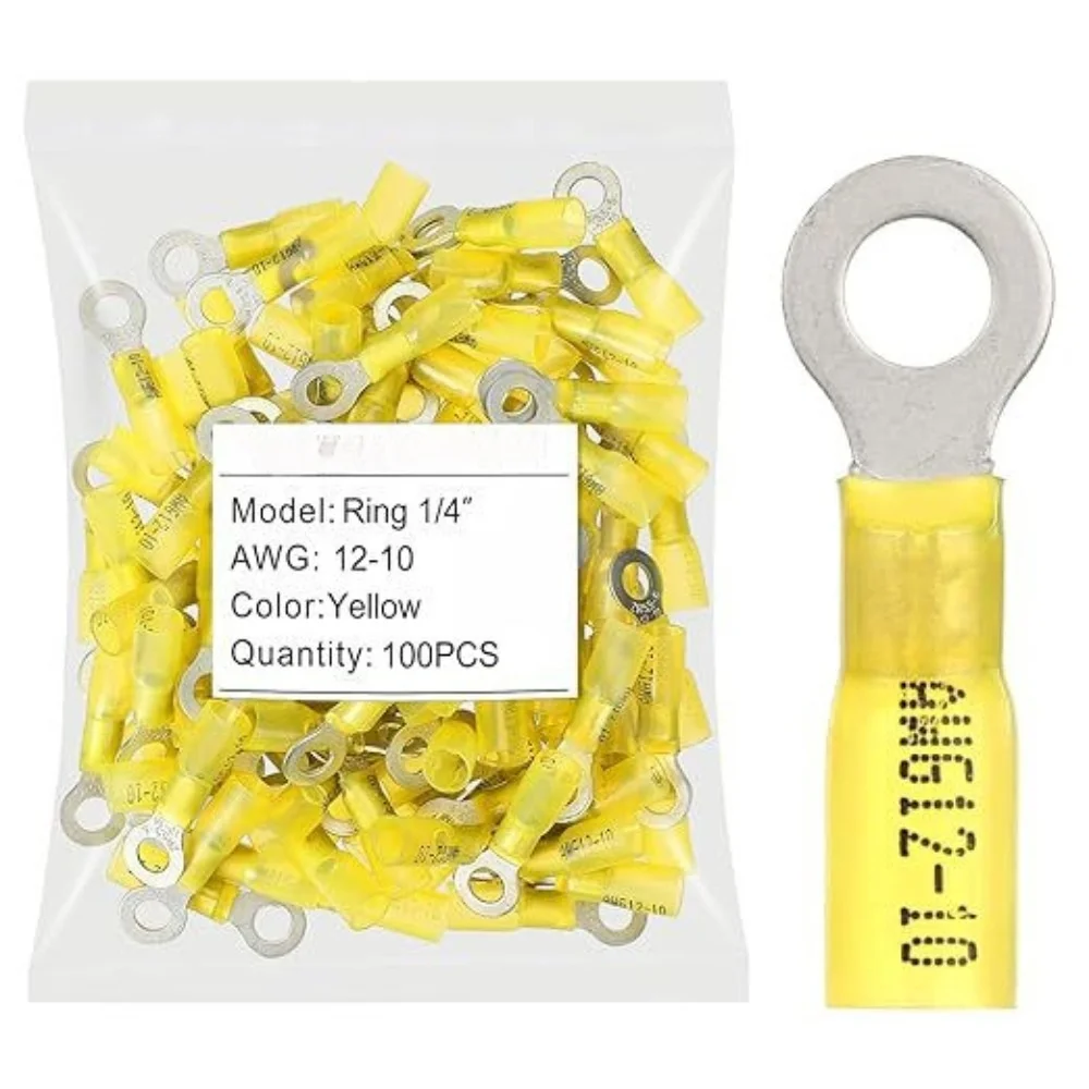 

100PCS Yellow RV5.5-6 Ring Heat Shrink Electrical Connector Crimp Terminals 12-10 AWG 1/4" M6 Stud