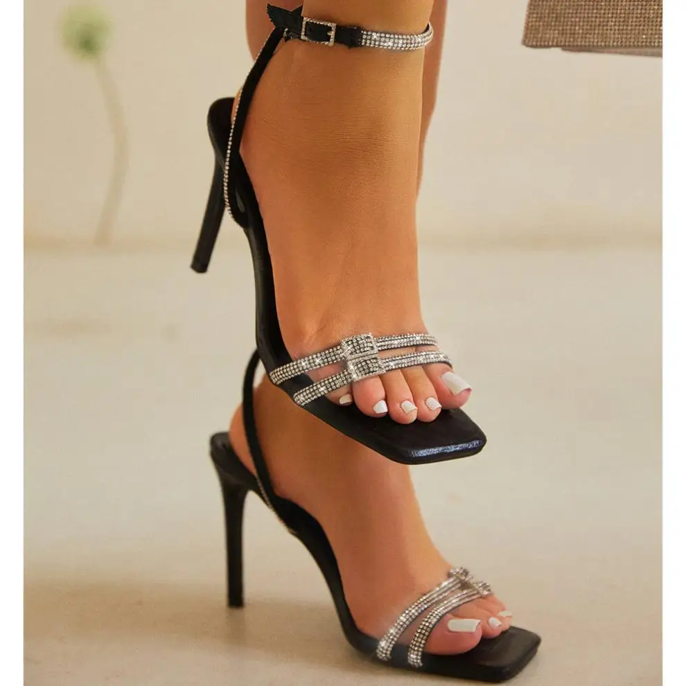 

Rhinestones Narrow Band Women's Sandals 11cm Ceremony Party 2025 High Heeled Sandals Stiletto Ankle Clasp Black Silver