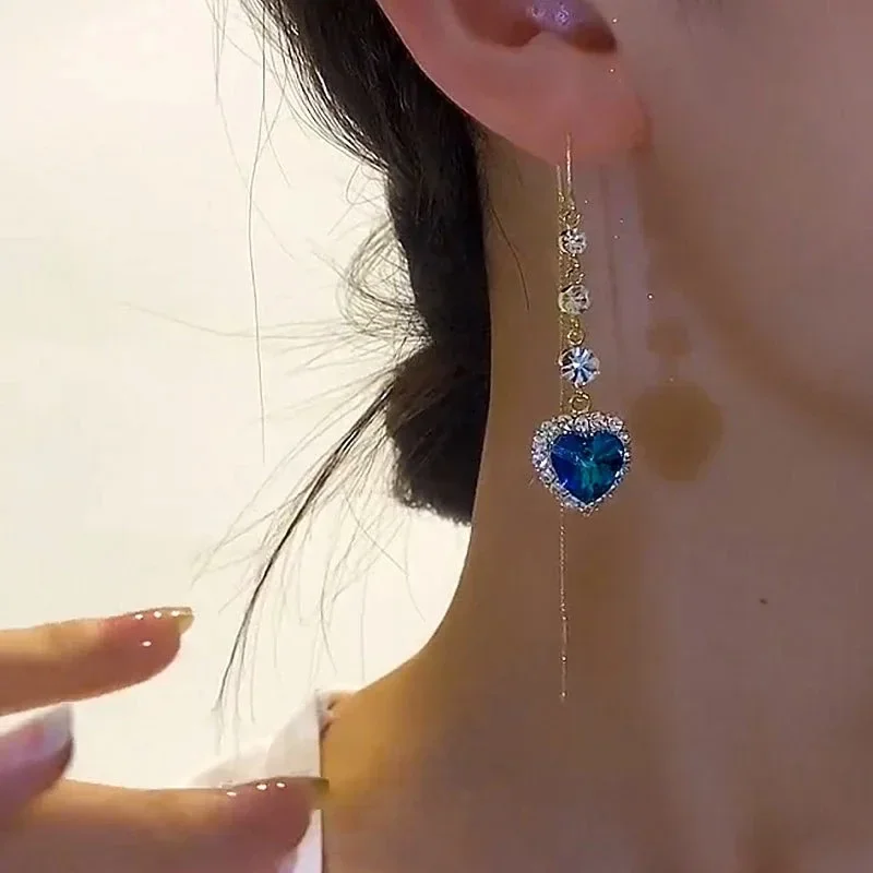 Blue crystal love earrings women\'s light luxury high-end long face thin earrings temperament versatile earrings