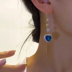 Blue crystal love earrings women's light luxury high-end long face thin earrings temperament versatile earrings
