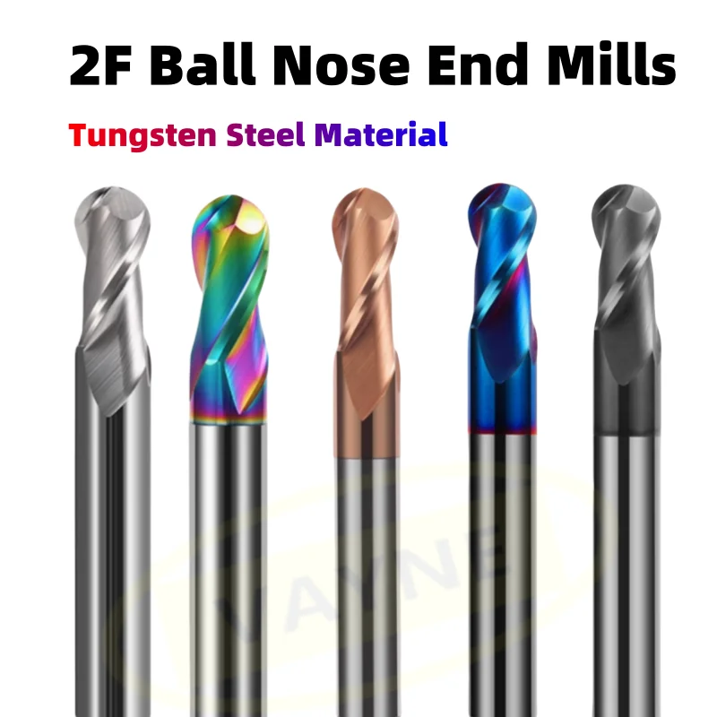 

2-зубая сферическая концевая фреза, фреза из карбида вольфрама, фрезерный станок с ЧПУ, фрезерный инструмент R0,5 6 мм, 8 мм, 10 мм, HRC45 55 65 2, металл