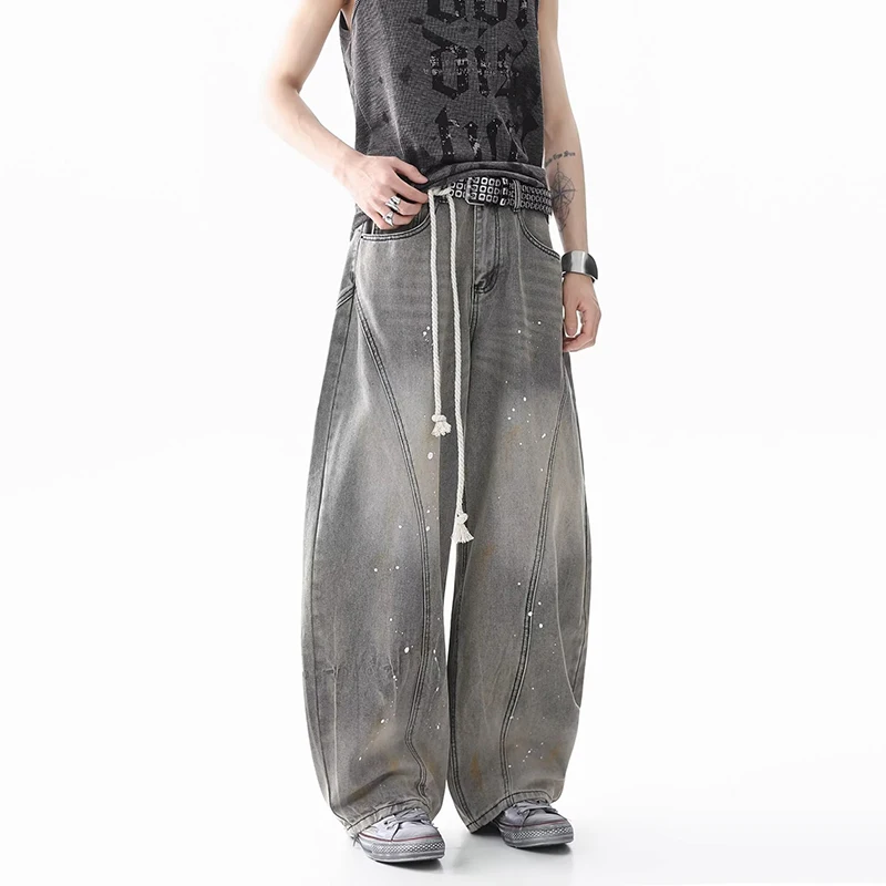 WTHT ファッションメンズグラデーションパッチワーク落書き古いデニムパンツヴィンテージハイウエストワイドレッグジーンズ男性 2025 夏 2A1110