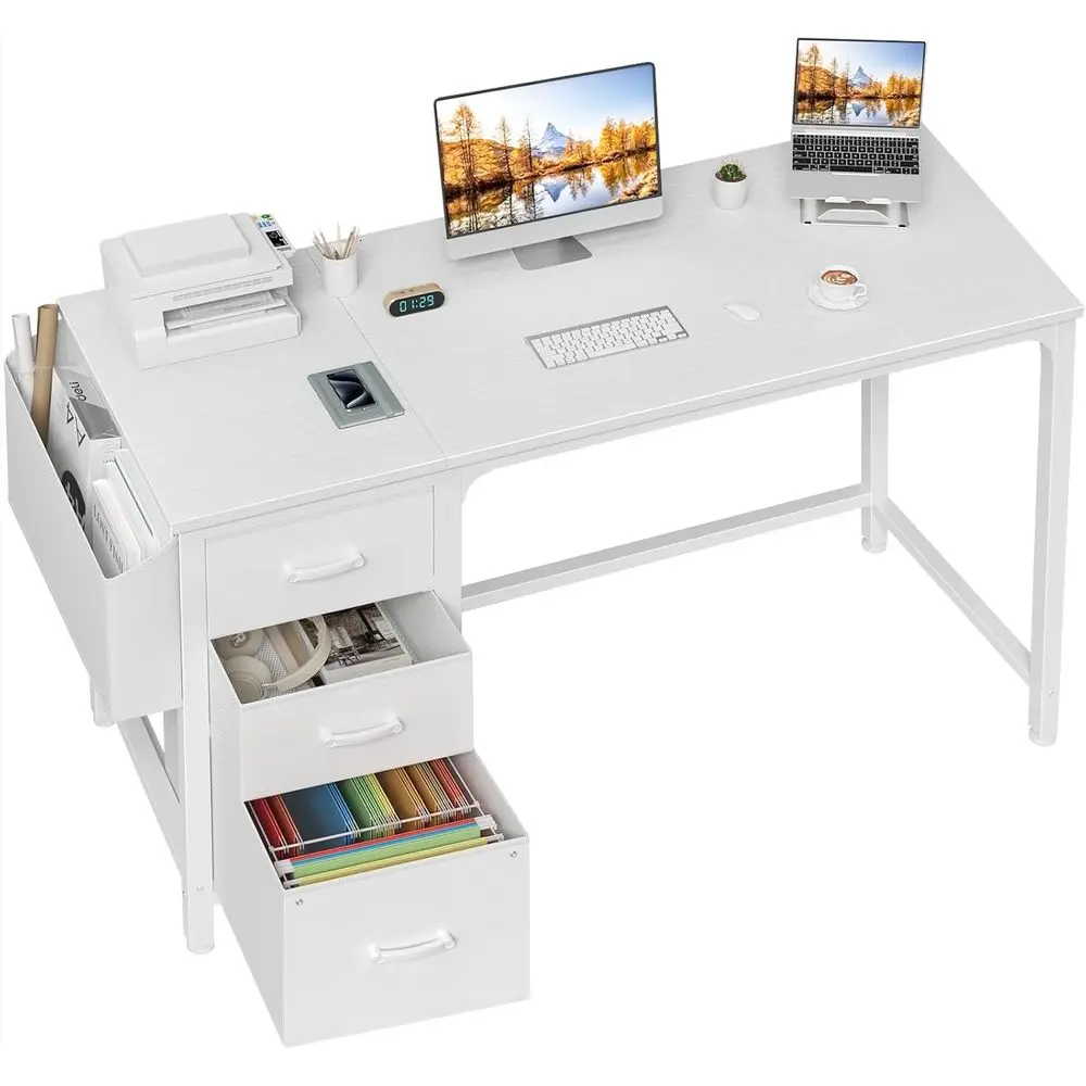

Computer Desk with Fabric File Drawers Cabinet, 55 Inch Reversible Desks with Storage Filing Cabinet for Home Office, Modern Wri