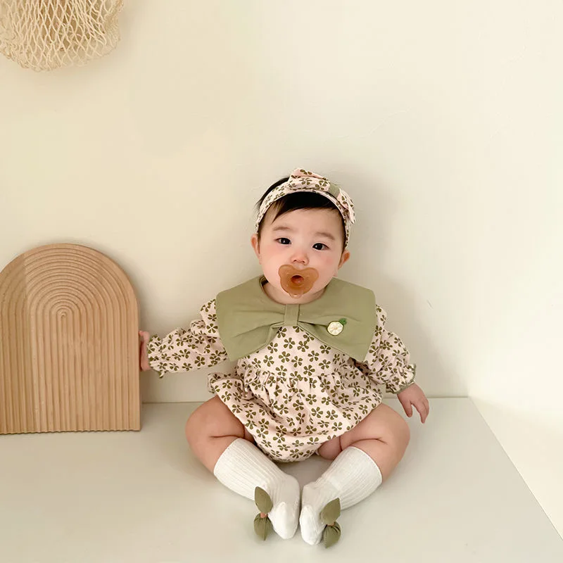 Spring Autumn Newborn Infant Baby Girls Romper + Headband Long Sleeve Flowers Rompers Kids Onepiece Fashion Baby Clothing