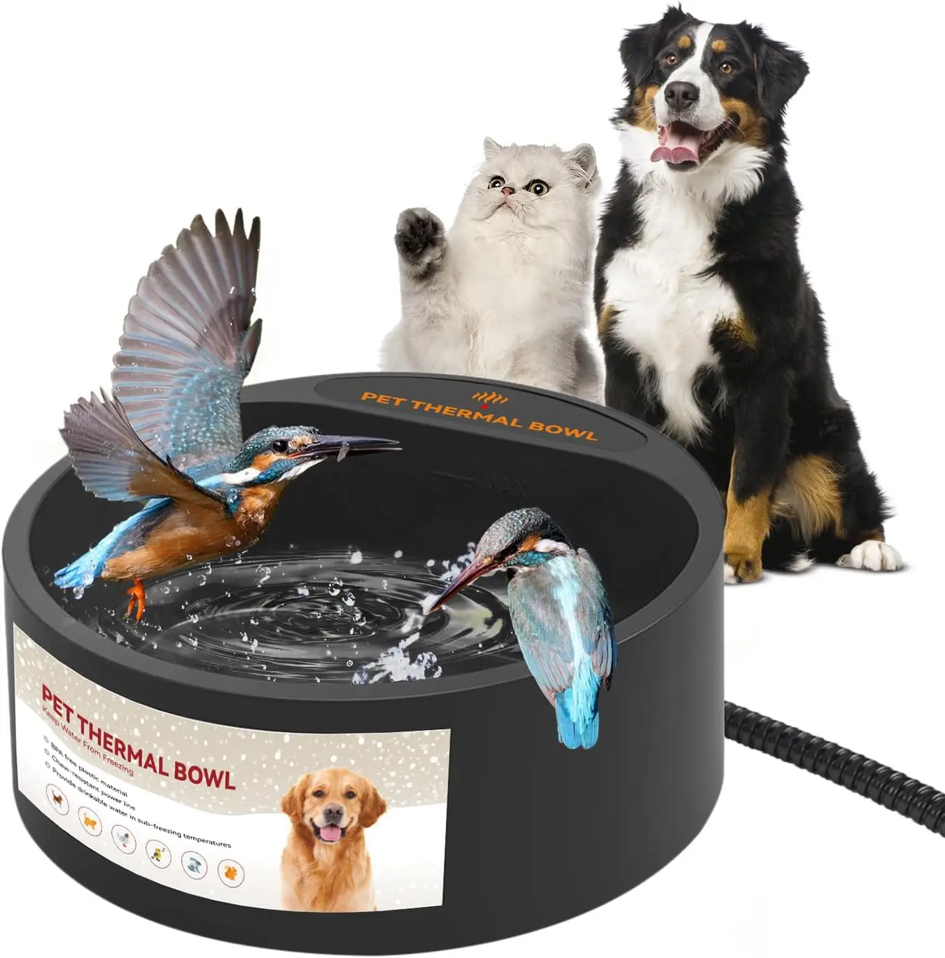 

Heated Pet Bowl 2.2L, Ice Free, Temp Control for Cats Dogs Chickens Rabbits Birds - Black