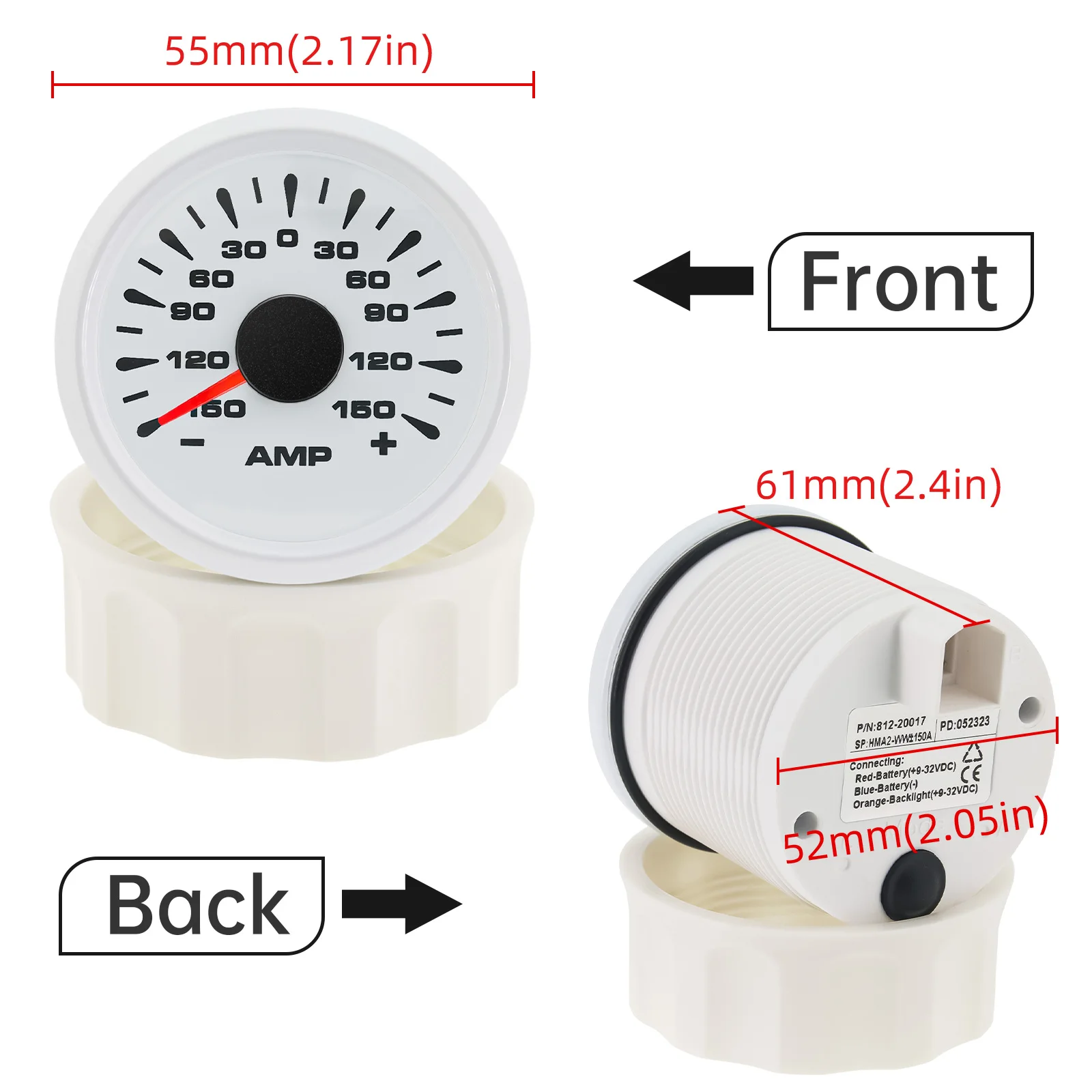 Universal 52mm Ampmeter AMP Gauge 7 Colors Backlight +/- 80A +/-150A Ampere with Current Shunt Sensor For Auto Truck Boat 9-32V