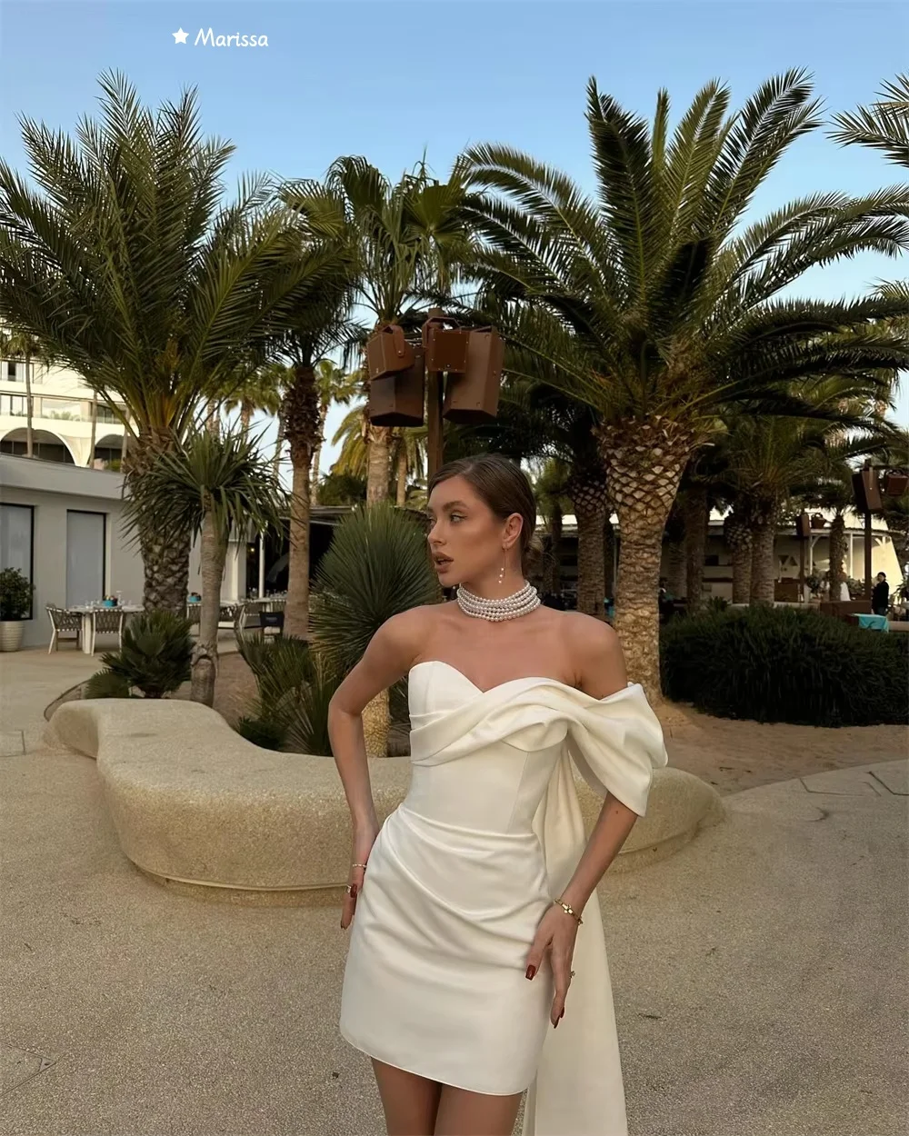 Marissa Gaun Pesta Buatan Khusus untuk Pernikahan Gaun Acara Dipesan Lebih Dahulu untuk Acara Khusus Rok Ketat Pendek Pita Bahu Terbuka