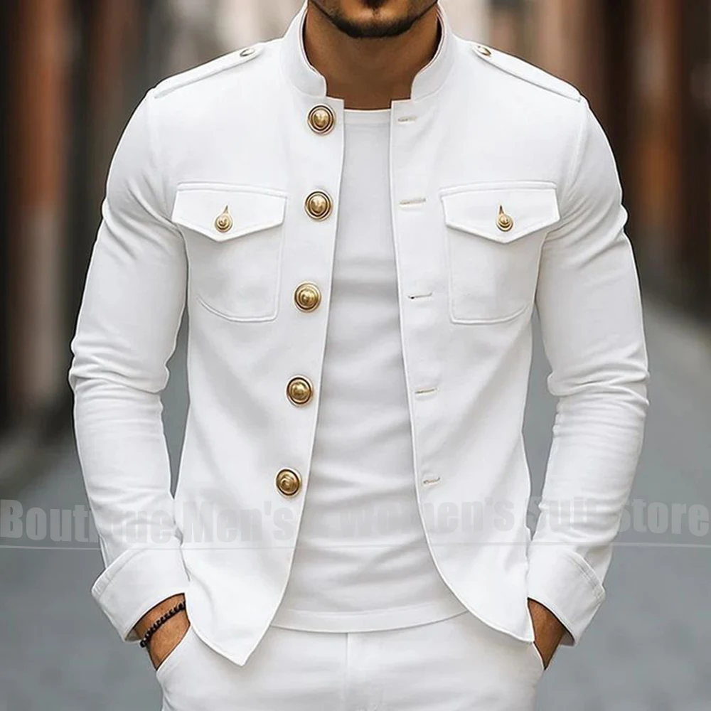 Chic Men Stand Collar Suit 2 Piece Gold Buttons Multi Pockets Jacket Trouser Wedding Party Fashion Business Casual Outfit