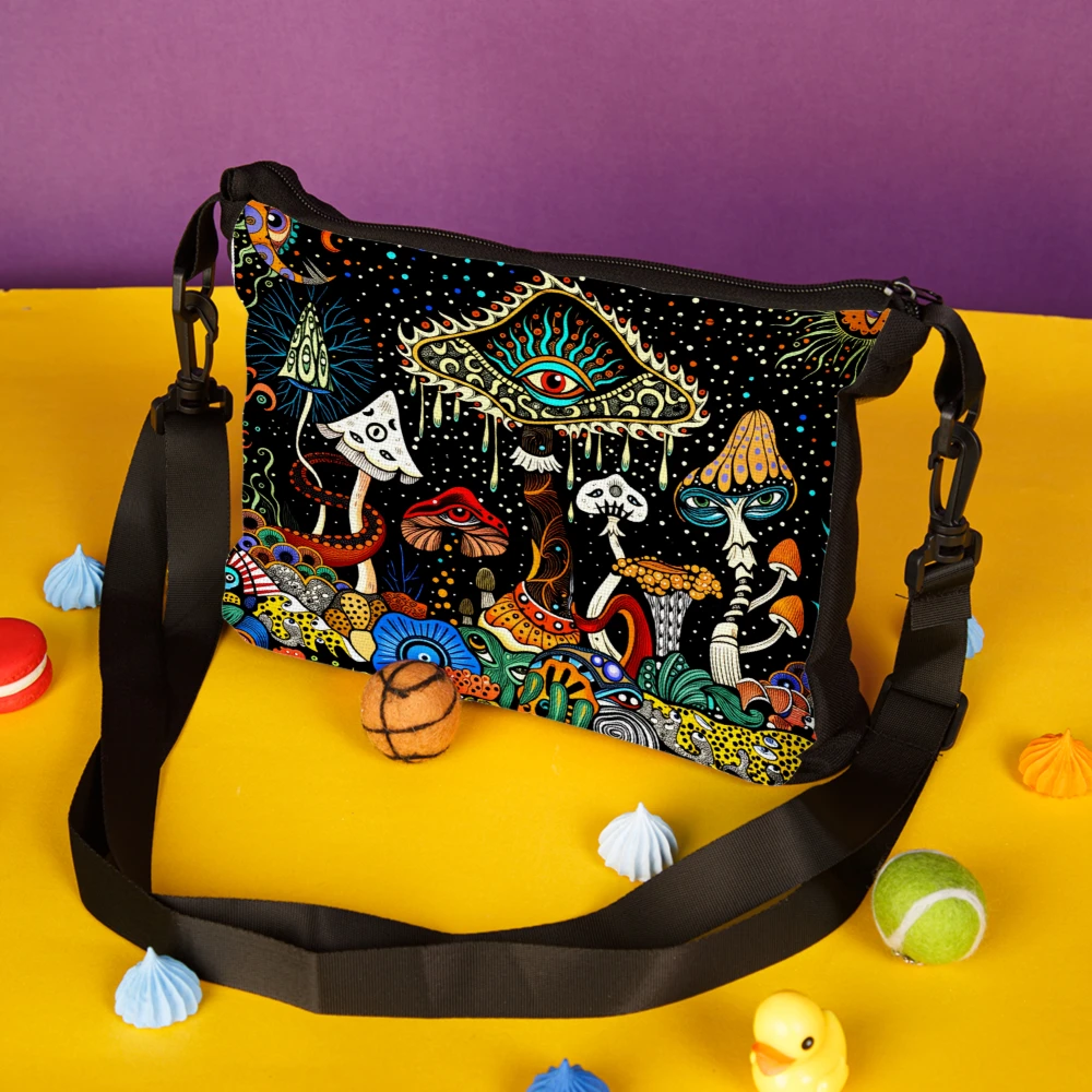

1pc Psychedelic Mushroom Art Crossbody Bag Black Colorful Mushroom And Eye Pattern Shoulder Bags For Women Men Festival Party Tr