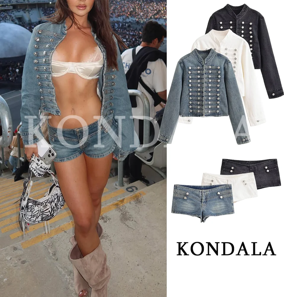 Damen High-Street Vintage Denim-Set KONDALA 2026 Frühling Trendiges Musikfestival Party-Shorts-Set Napoleon-Jacke, Mini Hot Pants – Detail 3