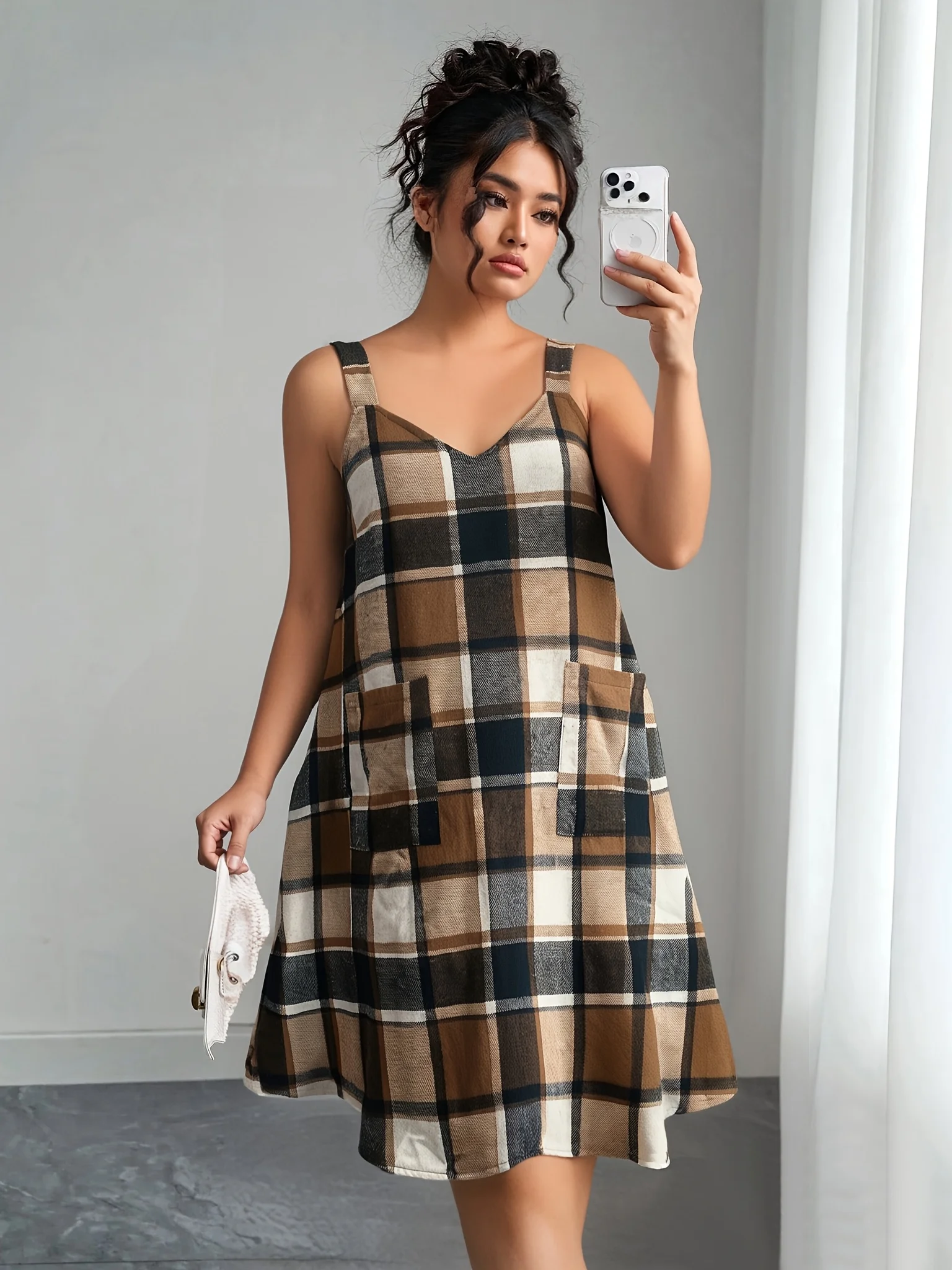 

Элегантное осенне-зимнее женское клетчатое платье с v-образным вырезом на бретельках, изысканное сезонное женское модное платье