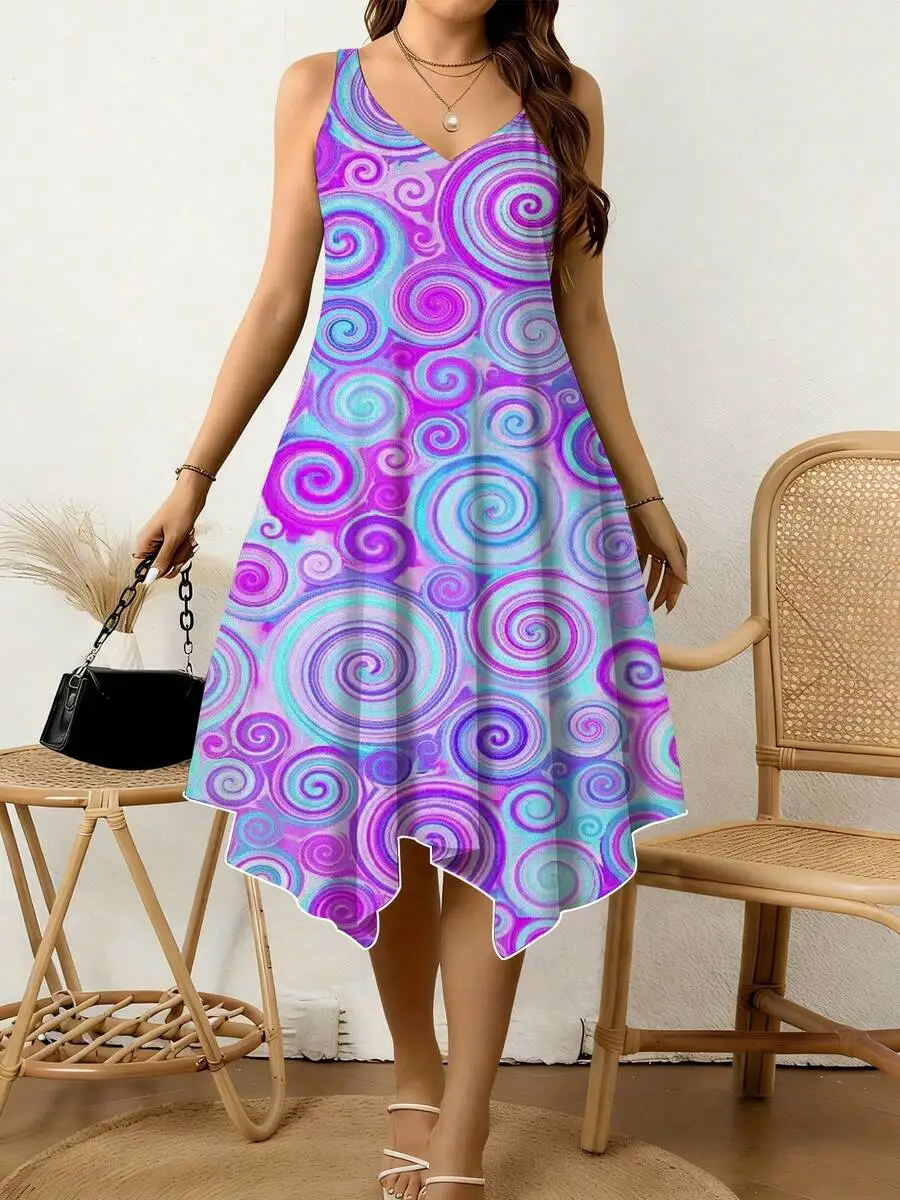 

Colorful Spiral Pattern Women V Neck Sleeveless Dress Irregular Hem Breathable Casual Vacation Dress