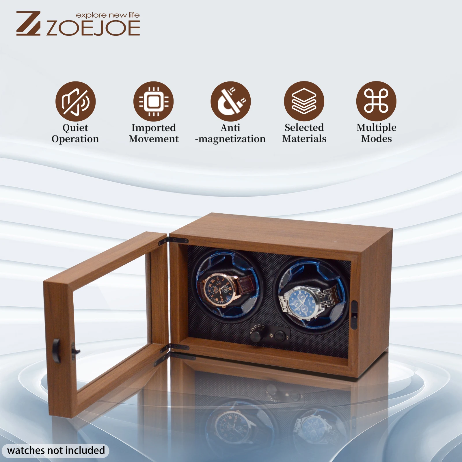 ZOEJOE 2 Slots Walnut Grain Carbon Fiber Inner PU Leather USB Cable Quiet Motor Watch Winder Box With Light For Friends
