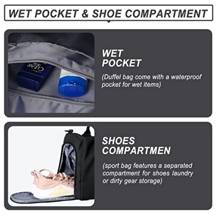 Small Black Sports Gym Duffel Bags for Women Men, Travel Totes Bag Cute Weekender bag with Wet Pocket and Shoe Compartment for view 5