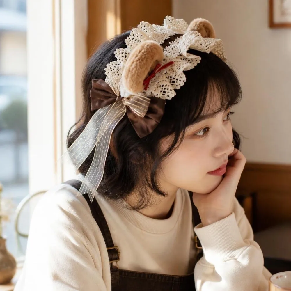 Vintage Lace Ruffle Bear Ear Headband Fluffy Sweet Lolita Headband Cute Style Big Bow Cosplay Hair Accessory Daily Dress-up