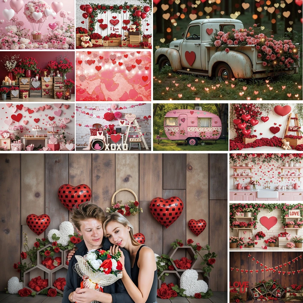 

MOON.QG Valentines Day Romantic February 14 Backdrop Heart Vintage Cart Bouquets Photography Background Portrait Photo Studio