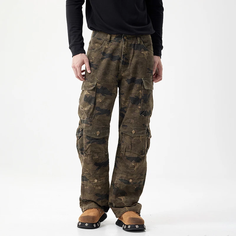 Autumn and winter new American high street camouflage work pants personalized splicing cotton men's loose straight jeans　