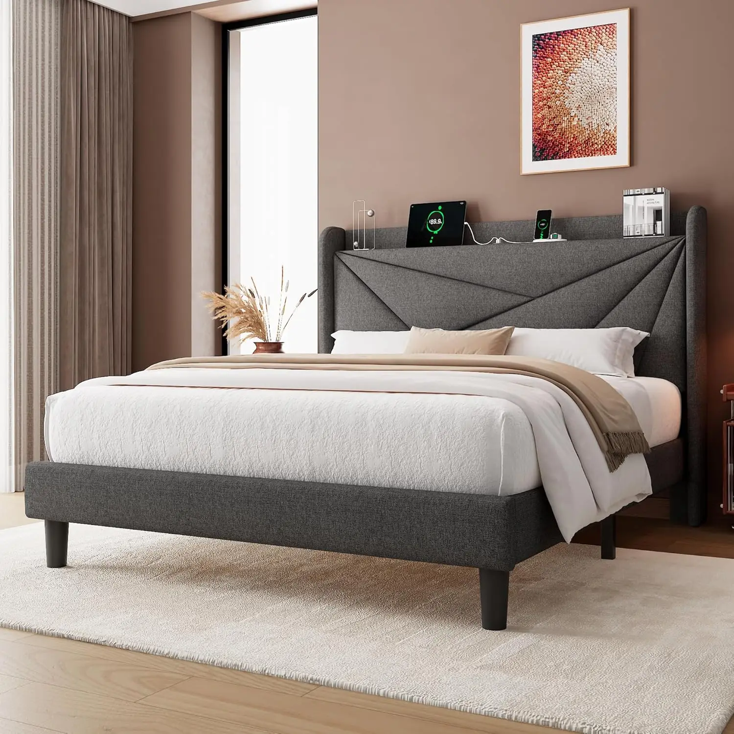 Queen Bed Frame with Charging Station, Platform Upholstered Bed, Linen Geometric Storage Headboard, Solid Wood Slats Support