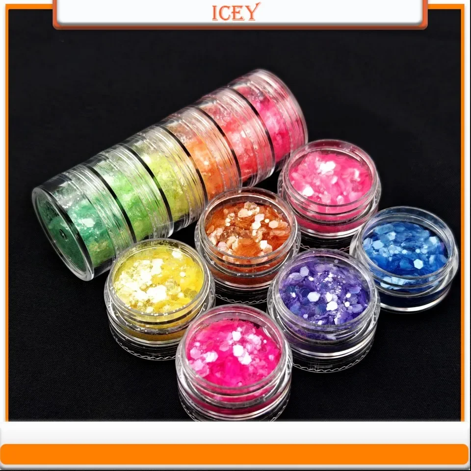 Icey beauty 1set laser gemischt glitter schillernd gemischt pulver nagel kunst tropfen kleber fließendes hanf material diy gold zwiebel