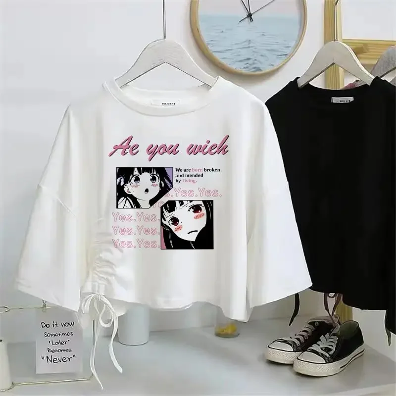 O Neck Short Sleeve Drawstring Crop Top Letter Cartoon Print Design Sense Tees Y2k Clothes Summer Korean Fashion Women T-shirts