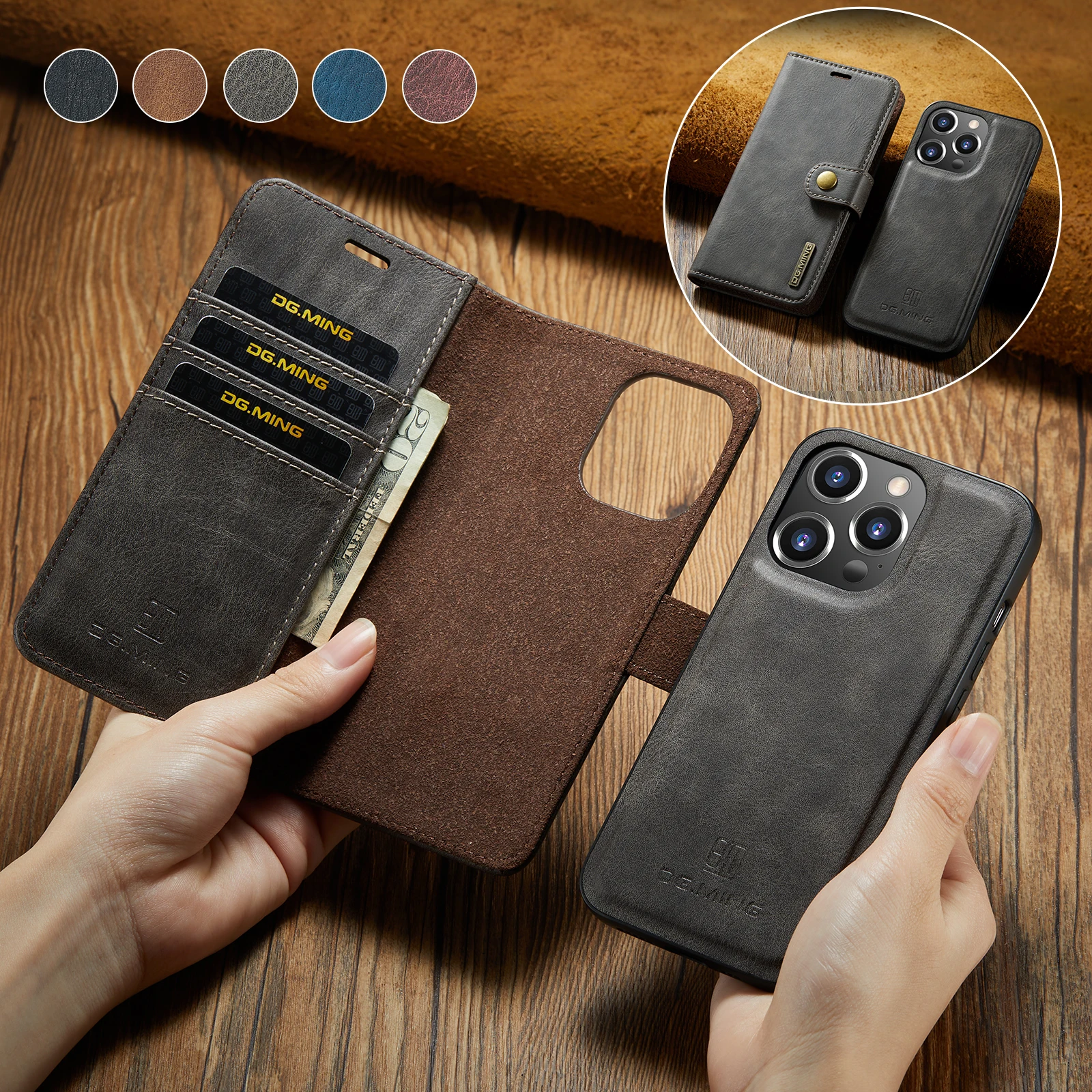 DG.Ming For iPhone 11 12 13 14 15 16 Pro Max Plus Mini Luxury 2-Folding Wallet Case Detachable Leather Magnetic Flip Cover Case