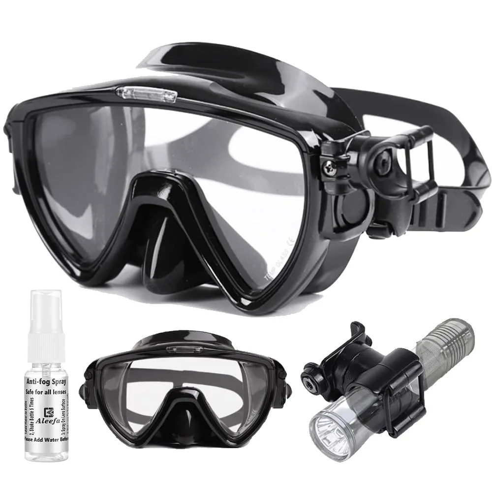 Mascarilla de buceo con soporte de linterna, máscara facial de silicona líquida, vidrio templado, máscara de esnórquel antivaho, Clip de montaje de correa