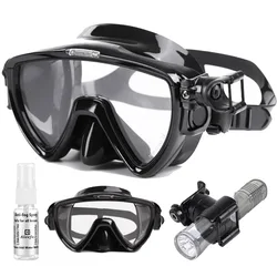 Scuba Diving Mask with flashlight Bracket, Liquid Silicone Face Mask,Tempered Glass, Anti-Fog Snorkel Mask Mask Strap Mount Clip