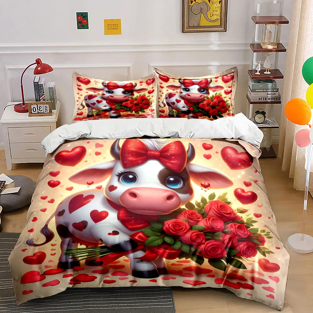 

Cute cow with red roses and hearts Bedding Set for Kids Luxury Gift 3pcs Digital Print Comforter Set Soft Comfortable