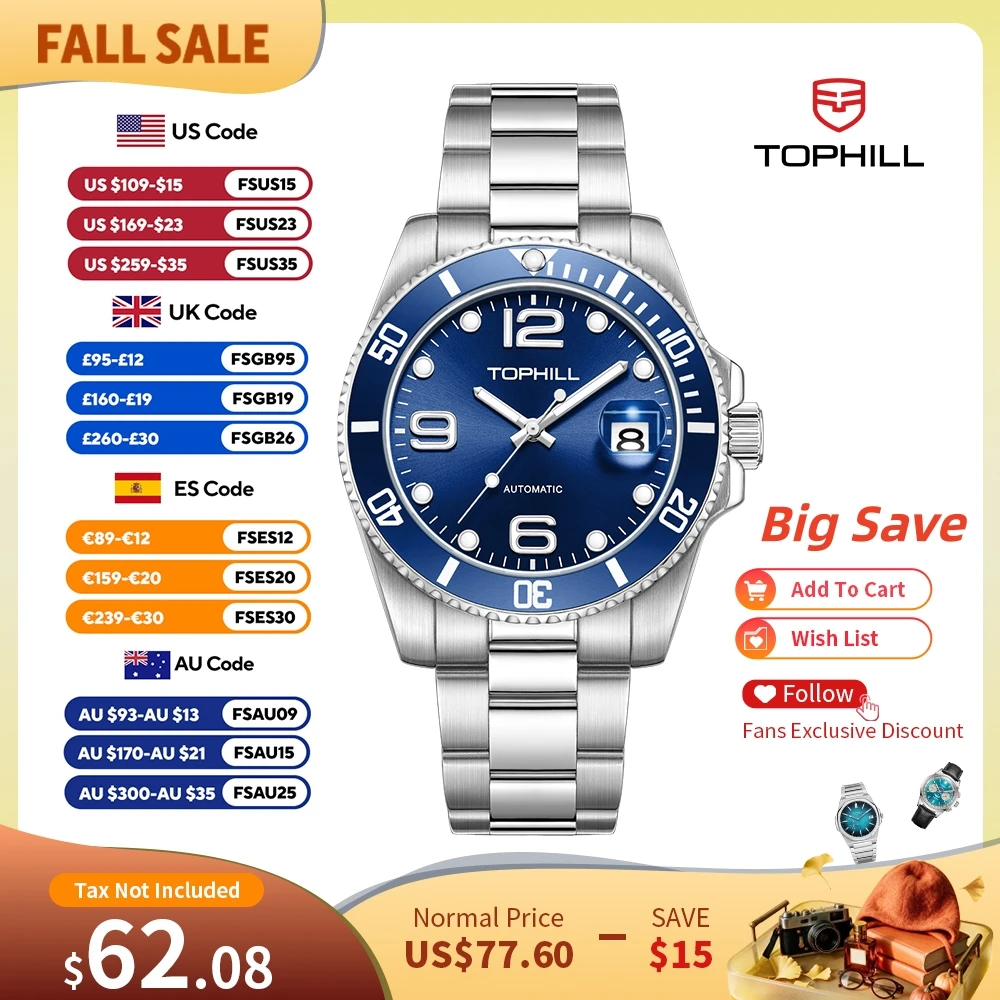 TOPHILL Mechanische Herrenuhr mit Automatikaufzug, 40 mm, Dandong 2820 C3, leuchtendes Saphirglas, 3ATM, Sunray-Zifferblatt, Reloj TD006G