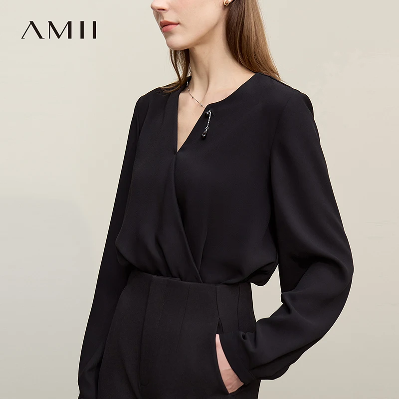 

Amii Women's Elegant Blouses 2026 Spring New Asymmetrical Neck Beaded Chain Chiffon Shirt Women's Loose Long Sleeve Top 12621053