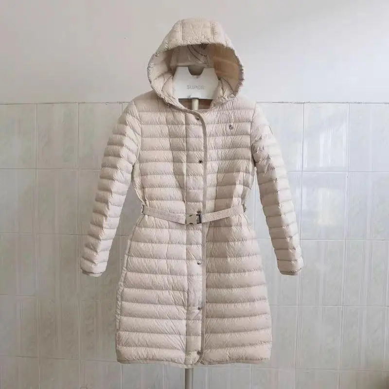 Lightweight White Duck down Puffer Jacket Women's Loose Fit Hooded Belted Mid-Length Stylish Commute Style Poly Fiber