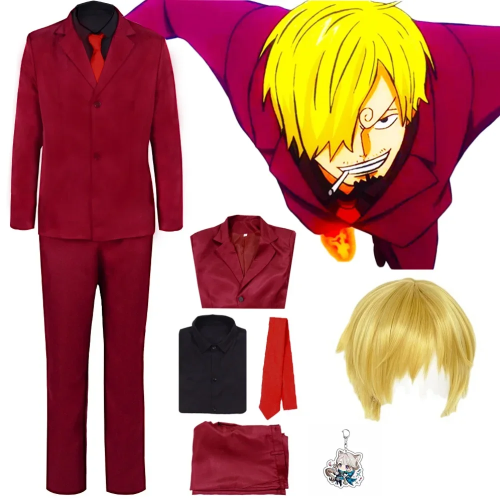 

Anime One Piece Cosplay Sanji Vinsmoke Red Uniform Role Play Dressrosa Costume Halloween Party Suit Outfit