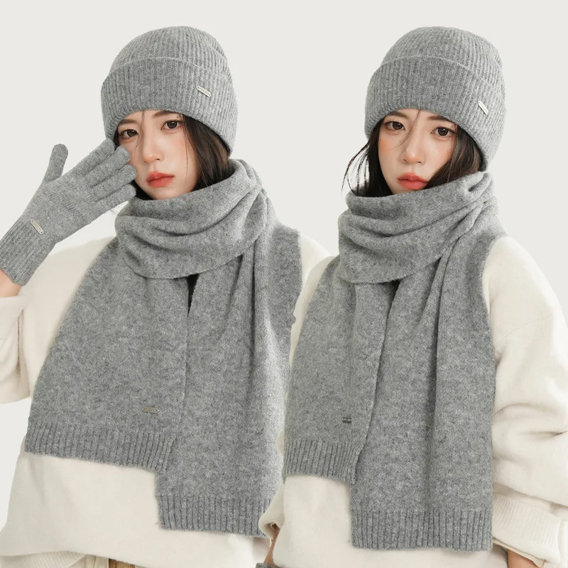 

Шарф, перчатки, шапка из трех частей, зимняя морозостойкая защита ушей, шерсть, уличная теплая вязаная шапка