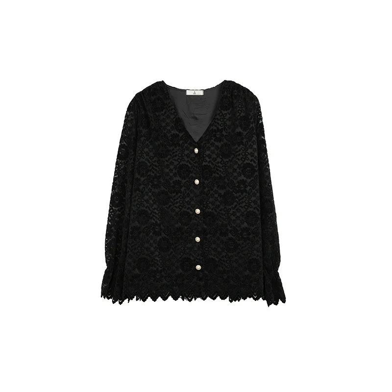 春秋レースシャツ女性 2026 新ファッションルーズカジュアルトップスピュアカラーボタン気質 V ネックアウター女性