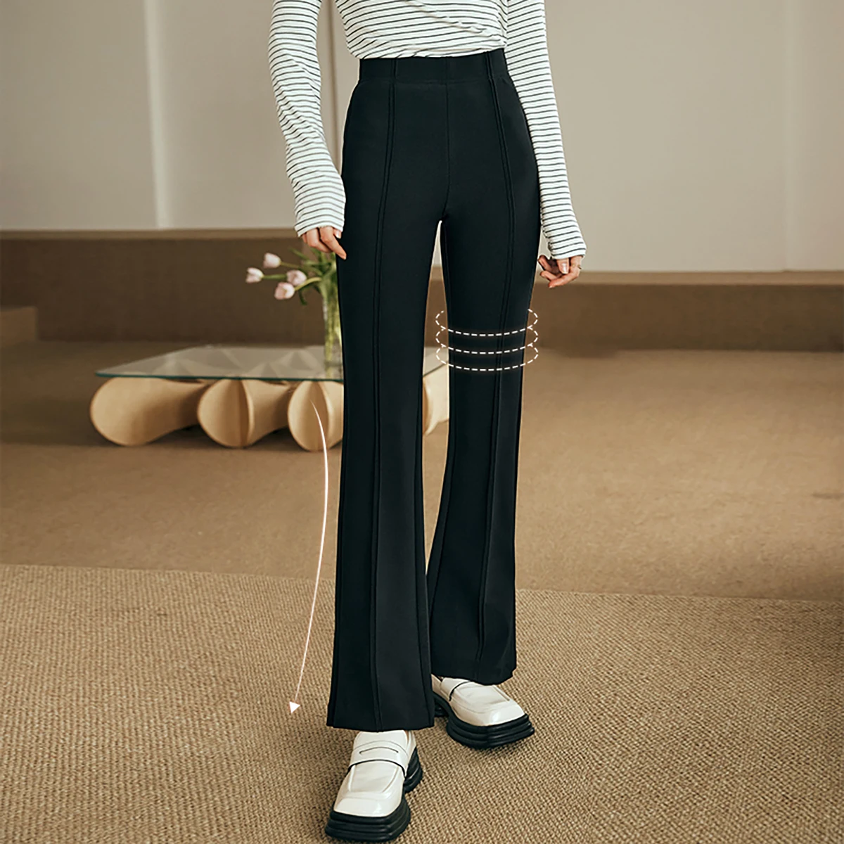 OLrain Black Knit Flare Pants for Women 2025 Summer Fashion Casual Simple Elastic Waist Full-length Trousers Women O23QK69081