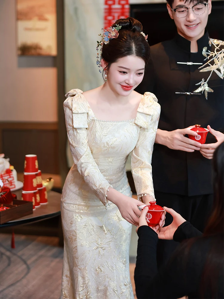 

Champagne Color Wedding Dr Ele Fi Tail Gown Square Collar Long Sve Luxury Bridal Gown for Women Wedding Dr