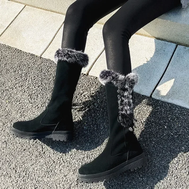 Women's Half High Snow Boots Black Mid Calf Shoes for Woman Elegant With Low Heels Y2k Lamb on Slip Winter 2024 Pu Goth Cosplay