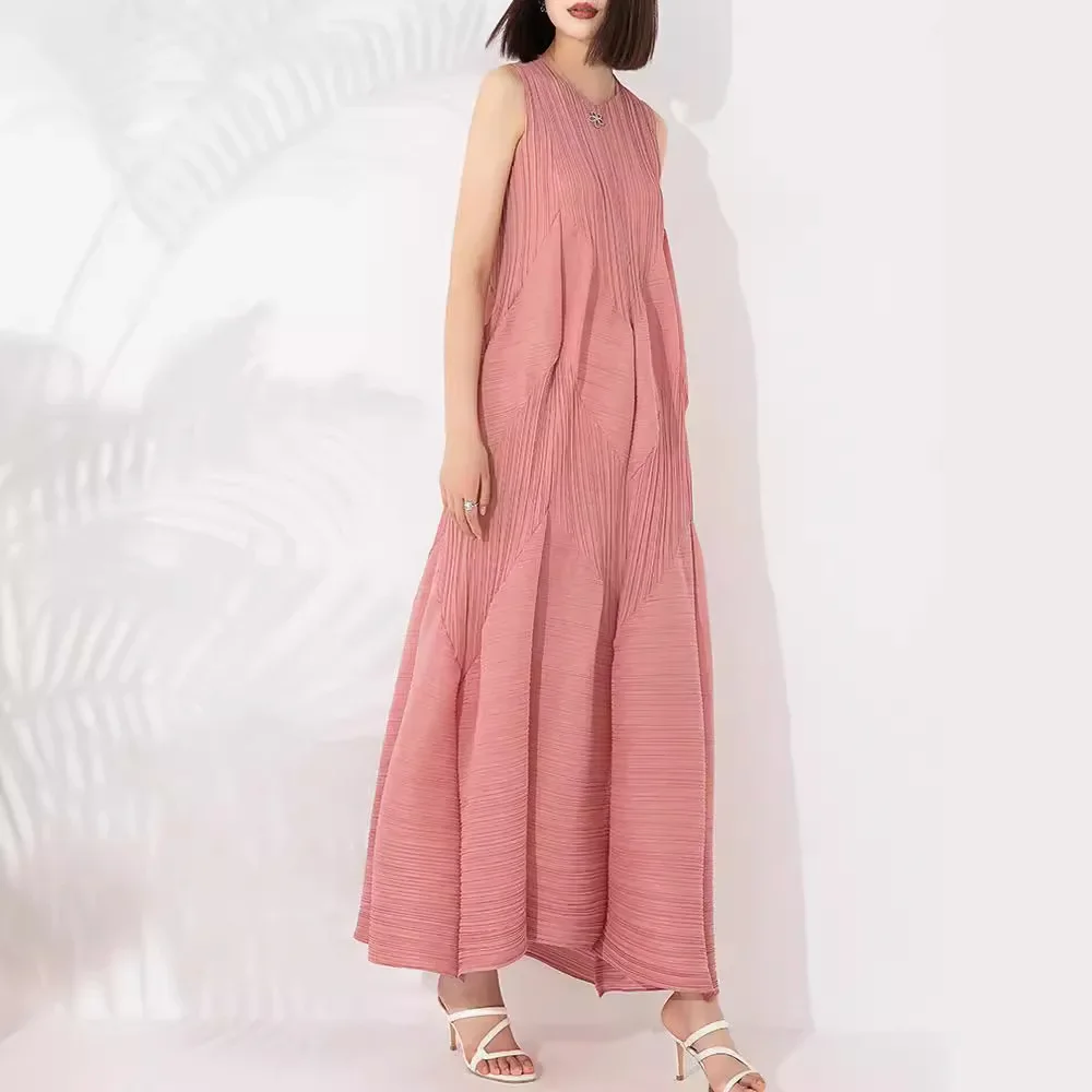 

Miyake Pleated Dress Women 2024 Summer New Women's Fashion Loose Large Size Sleeveless Bud Long Bubble Pleated Pleated Skirt